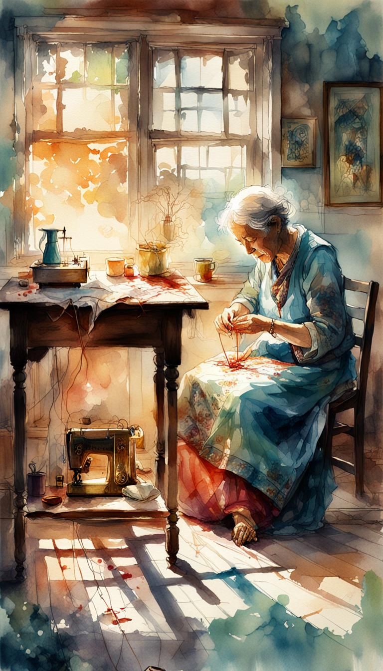 Vintage Watercolor: Grandmother Sewing in Sunlight