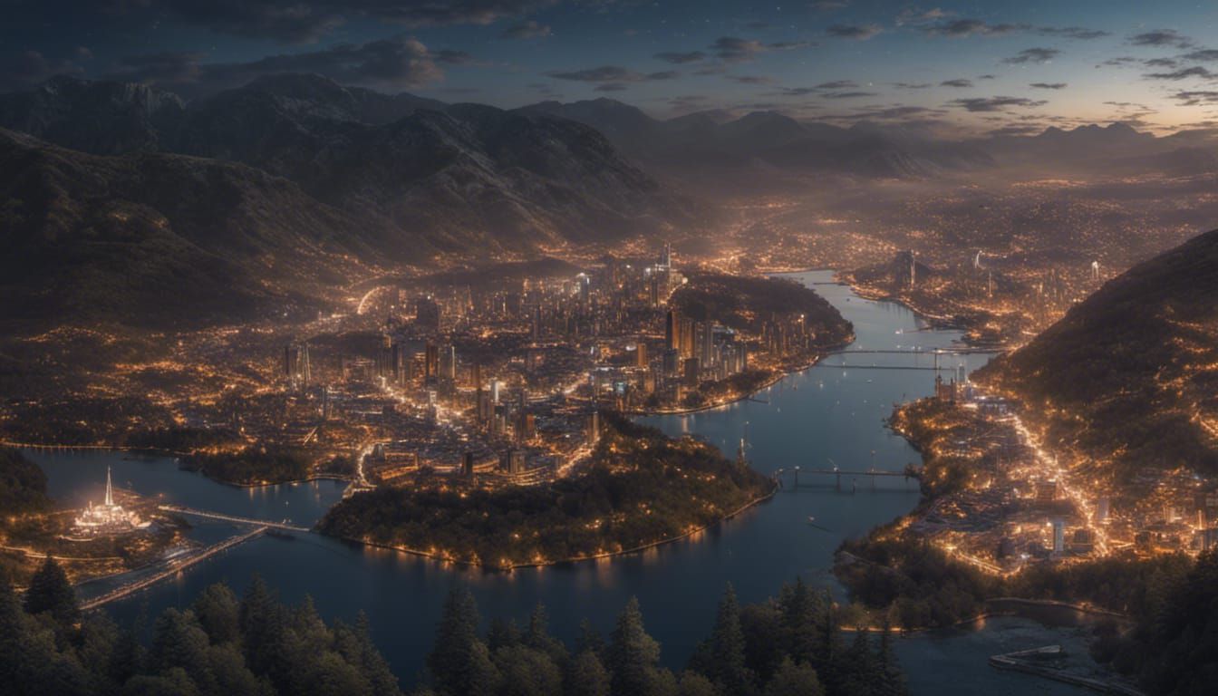 Futuristic Steampunk Cityscape in the Mountains