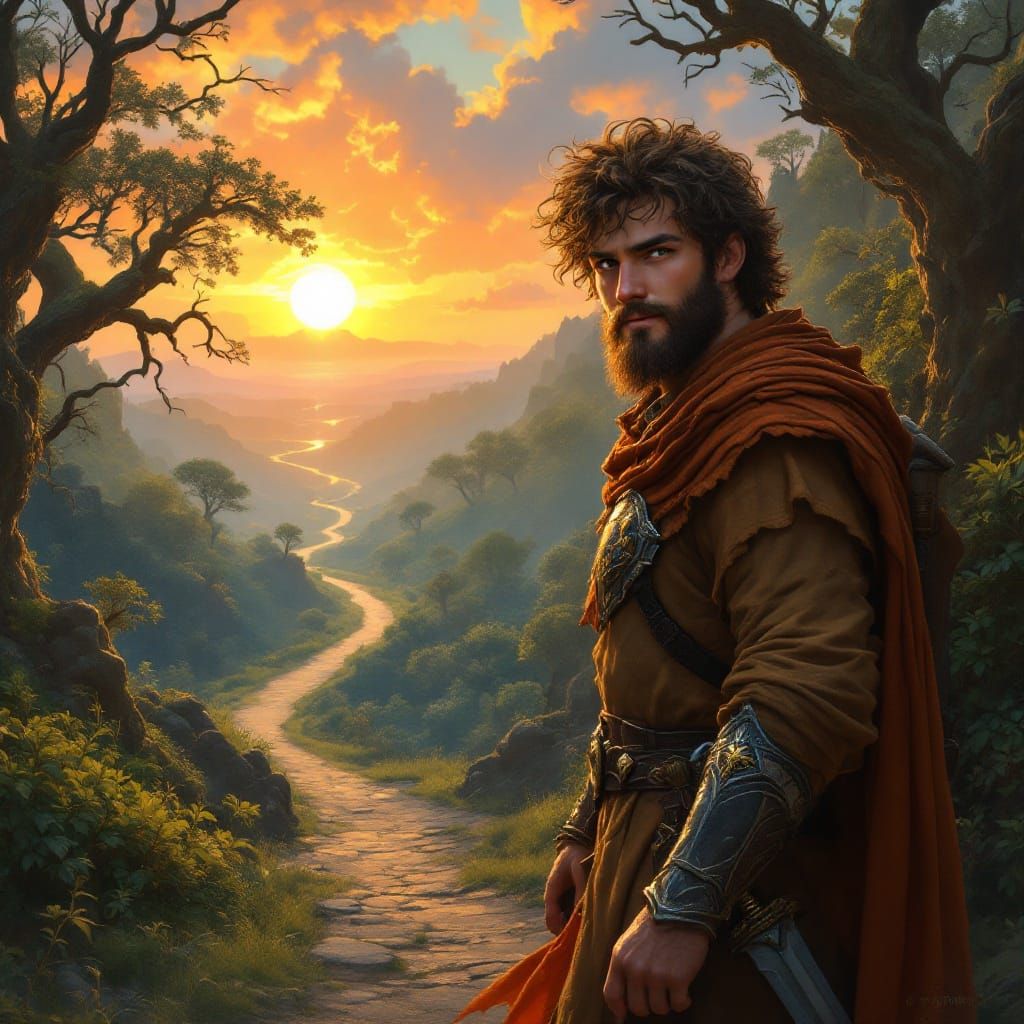 Paladin's Wistful Farewell Amidst Sunset Paradise