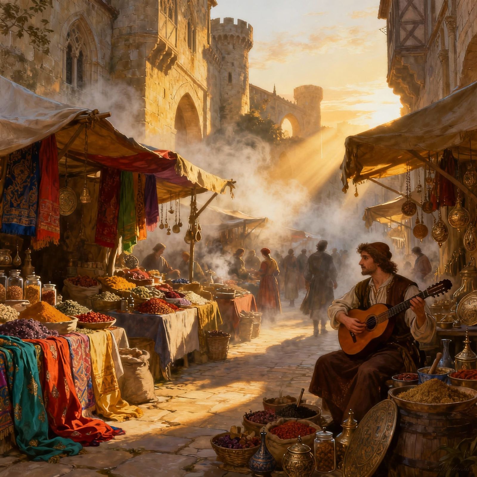 Medieval Marketplace at Dawn: Vibrant Historical Illustratio...