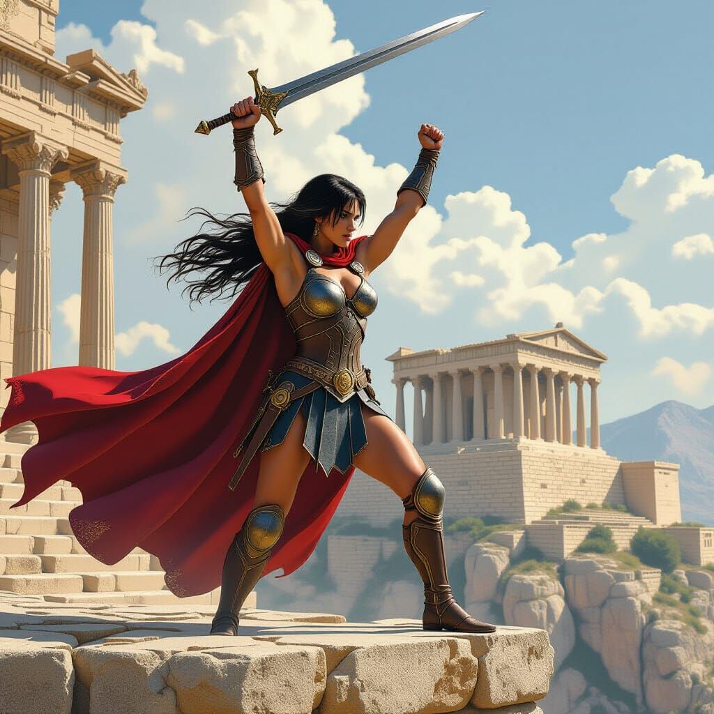 Heroic Xena on Ledge with Sword, Fantasy Art