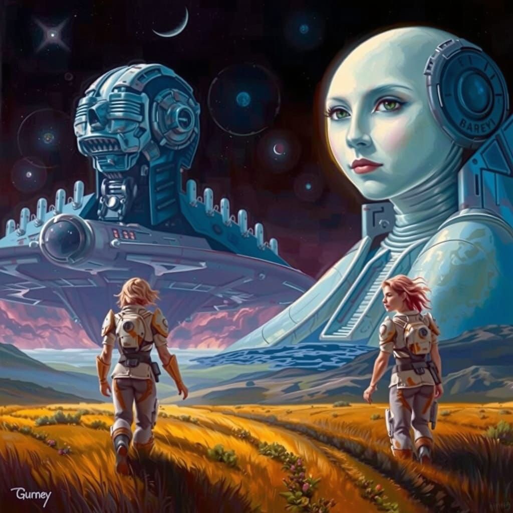 Sci-Fi Women in Power Armor Amidst Alien Flora