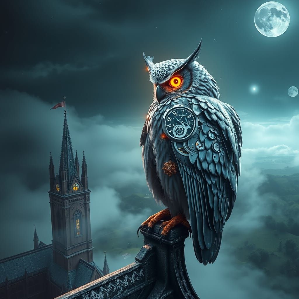 Chrome Owl Perched on Gothic Cathedral
