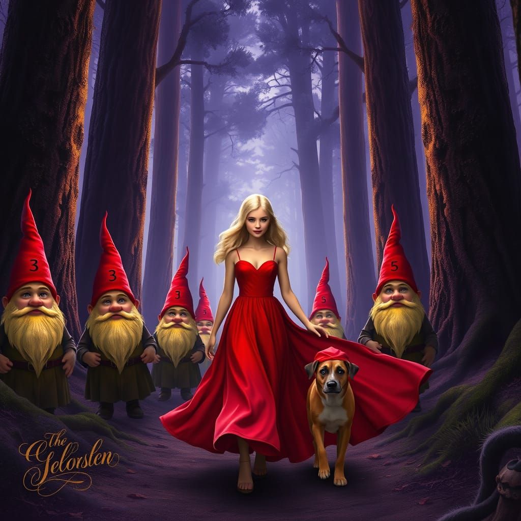 Girl Surrounded by Gnomes in a Mystical Forest