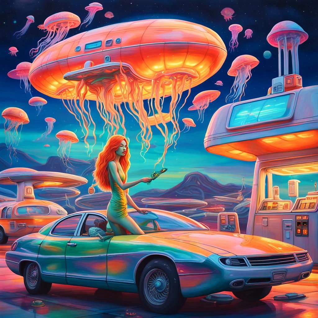 Cosmic Nymph Refuels Spaceship: Surrealist Oil Painting