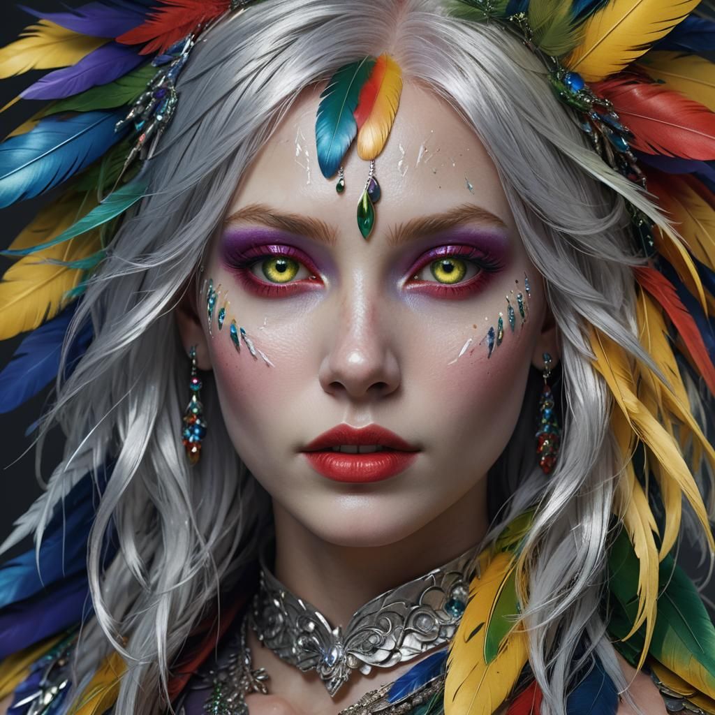 Fantasy Woman with Silver Skin and Colorful Feathers
