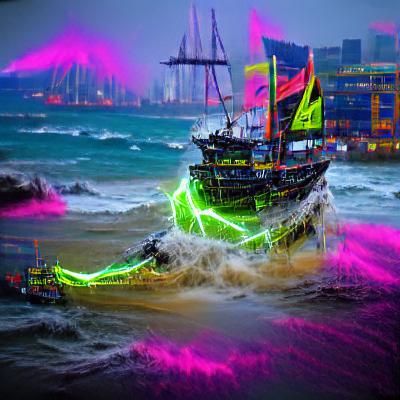 Cyberpunk Pirate Ship Sailing Neon Skyline