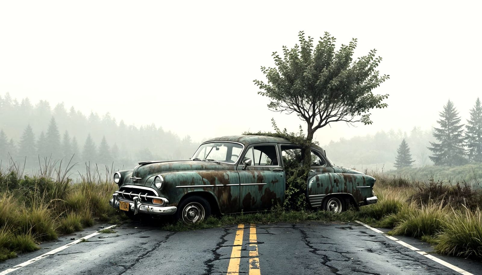 Surreal Car Reclaimed by Nature in Photorealistic Style