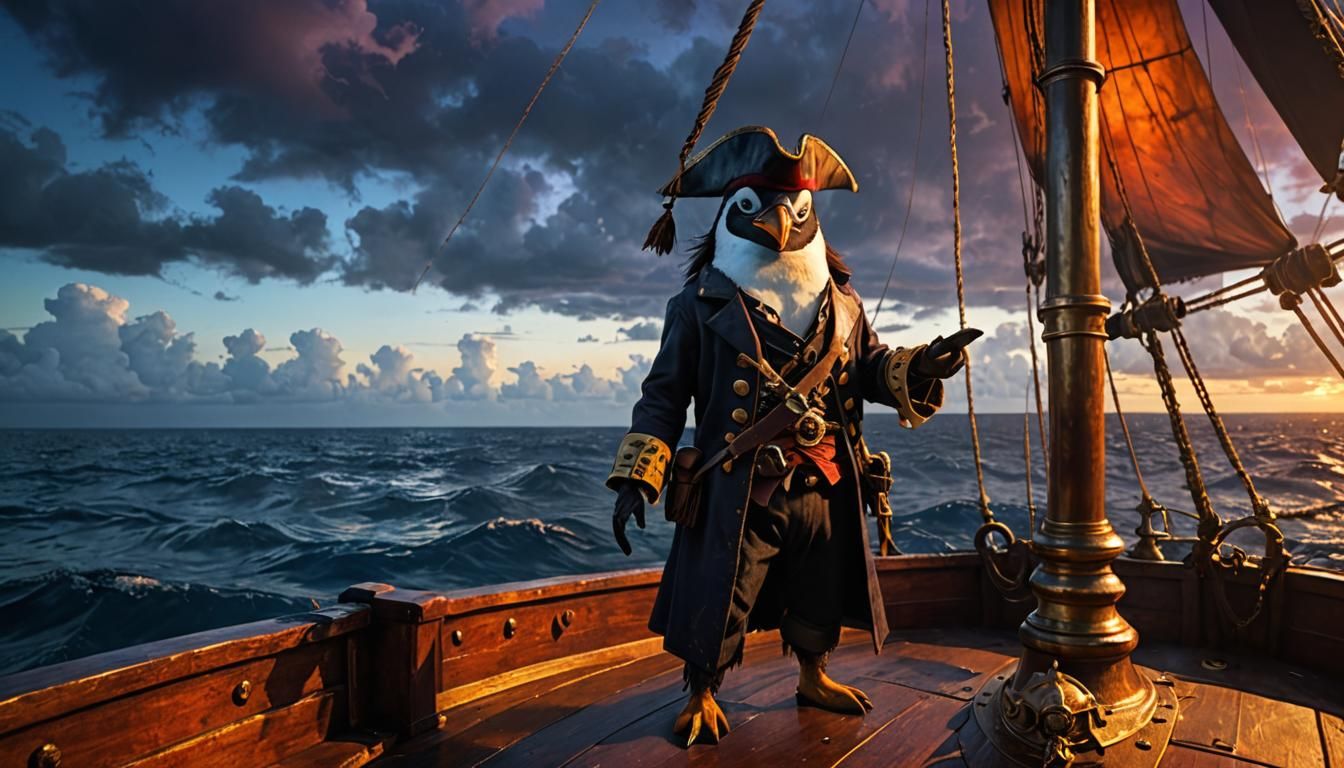 Pirate Penguin in Fiery Sunset: Splash Art