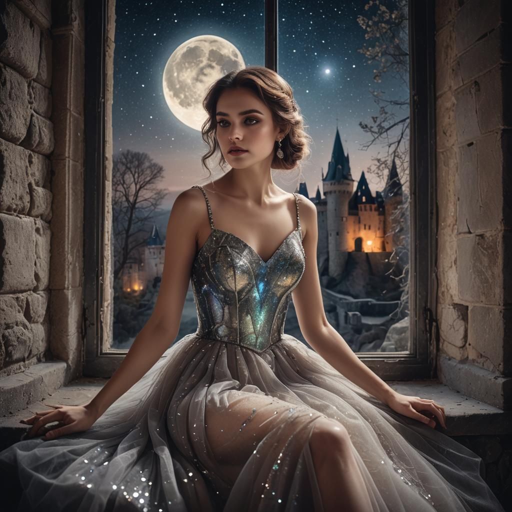 Mysterious Lady in Castle Window at Midnight