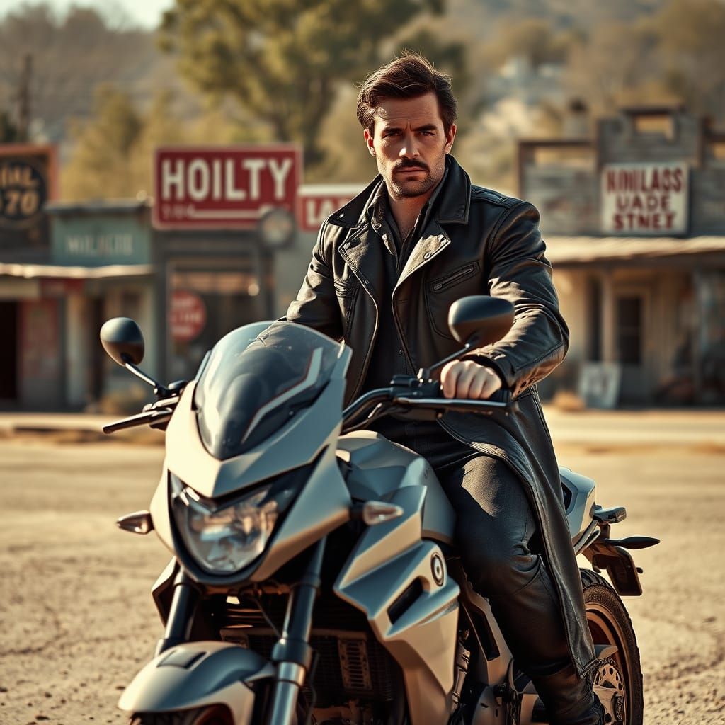 Cyberpunk Outlaw Rides Through Desolate Countryside