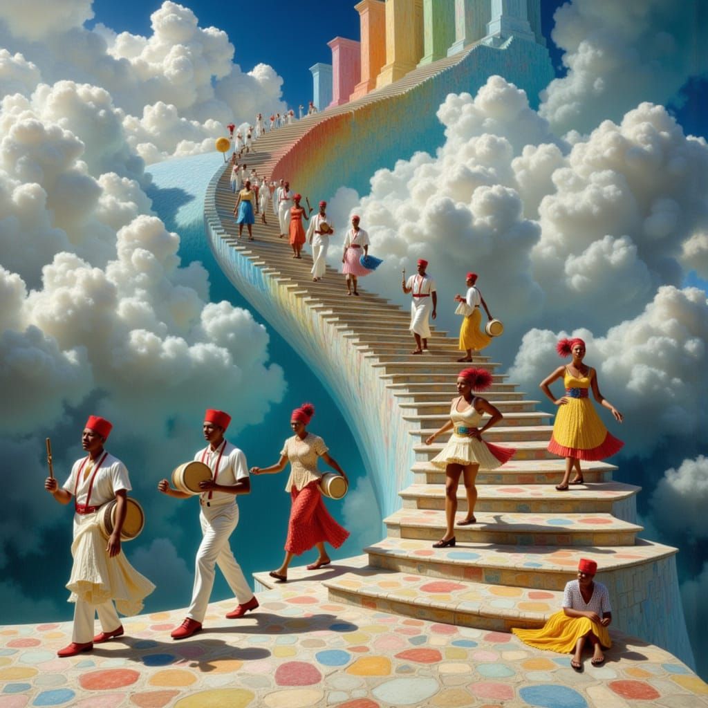 Surreal Staircase with Conga Drummers in Ethereal Clouds