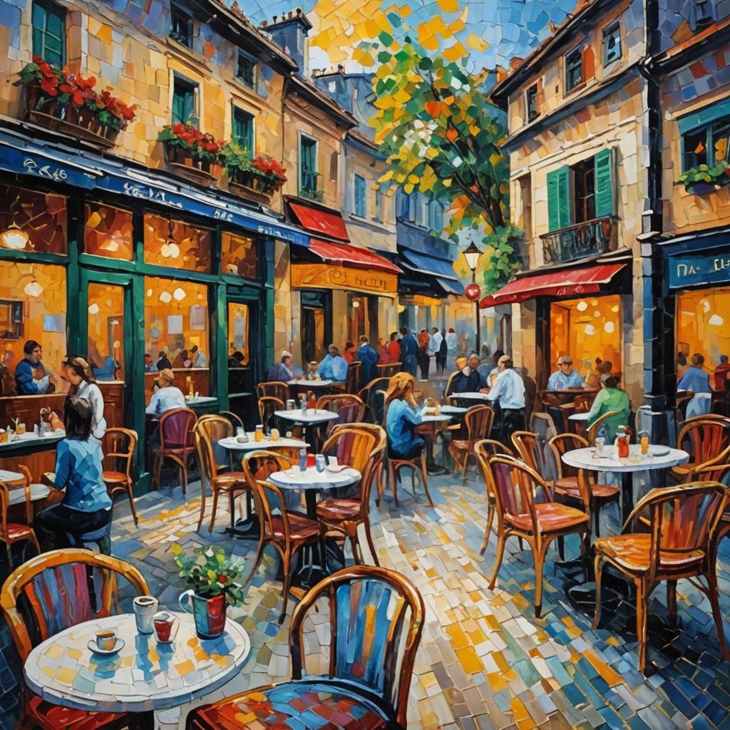 Cafe Scene in Expressionist Oil Painting Style