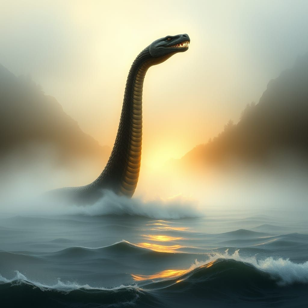 Serpentine Loch Ness Creature Emerges from Mists in Dreamlik...