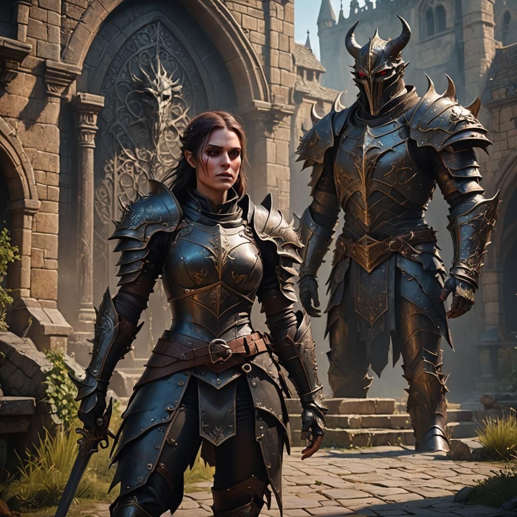 Demon girl in leather armor, medieval setting,