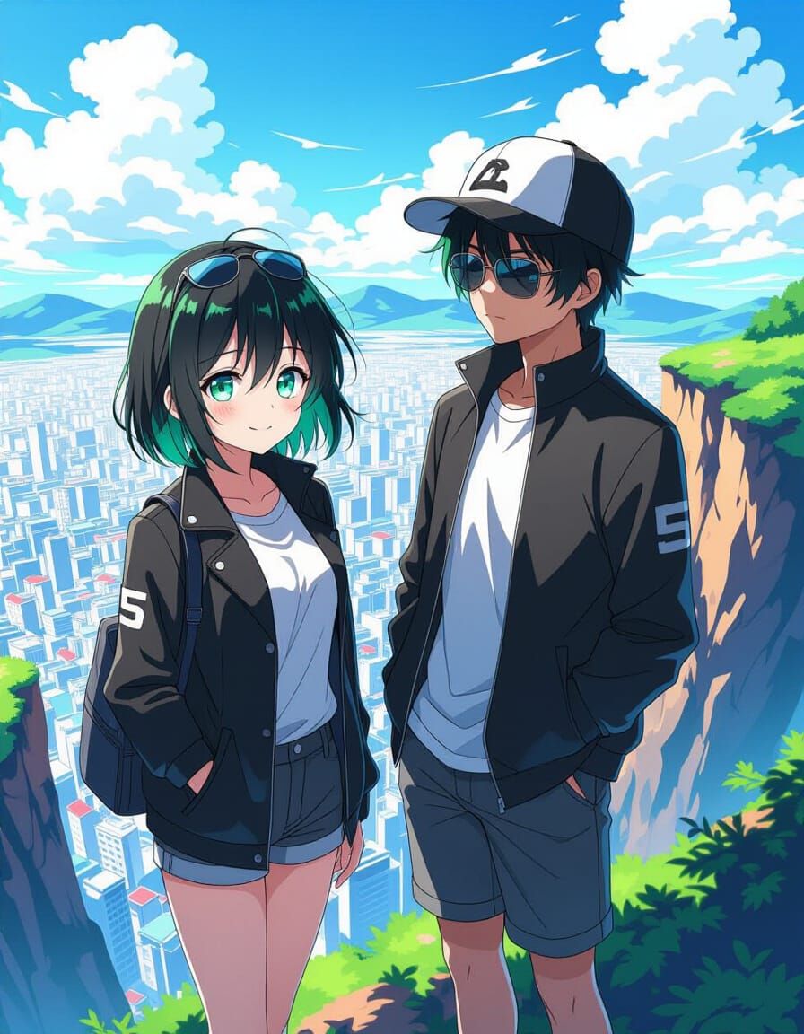 Anime Couple Overlooking Futuristic City in Vibrant Colors