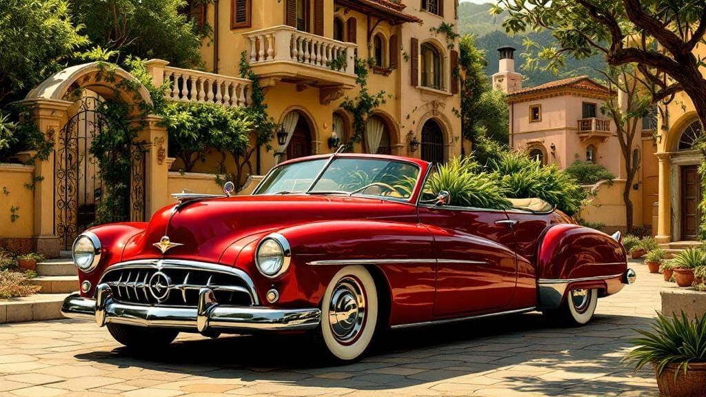 Lavish Villa Merged with Red Coupe: Fantastical Realism