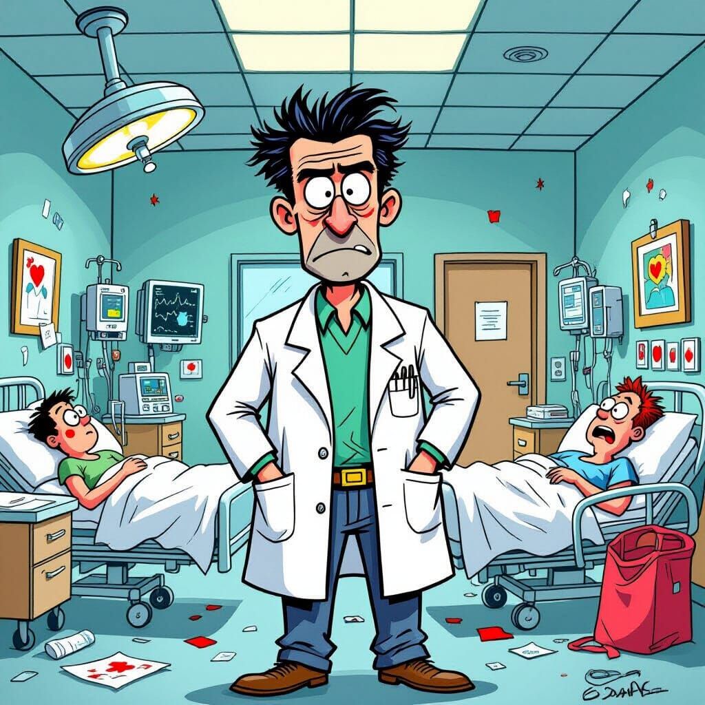 Satirical Cartoon of Doctor Ignoring Patients