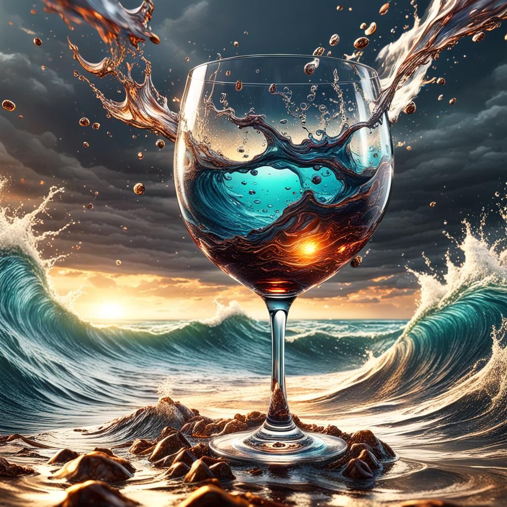 Stormy Sea in Wine Glass: Hyperrealistic Concept Art