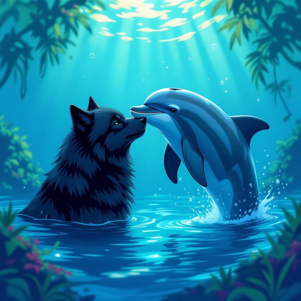 Dolphin and Wolf Kiss in Vibrant Artistic Style