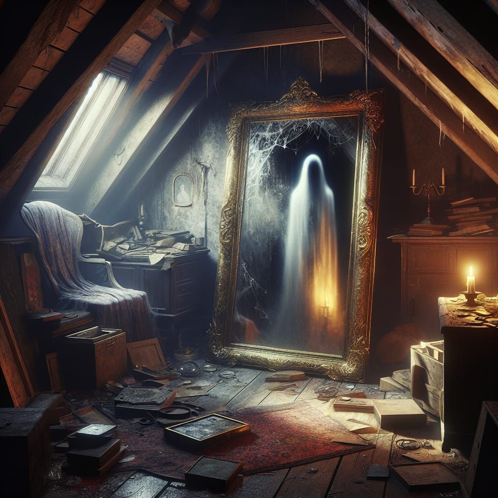 Mysterious Attic with Ghostly Figure in Fantasy Art