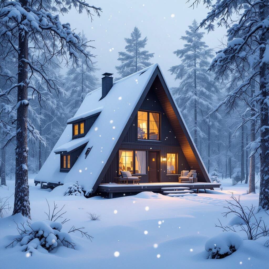 Cozy Scandinavian A-frame Cabin in Snowy Woods