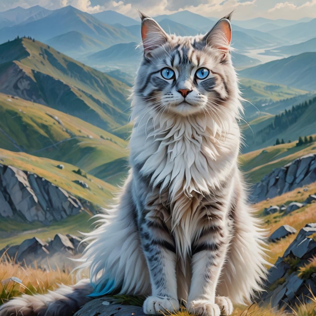 Blue She-Cat Portrait on Windy Hill in Oil Painting Style