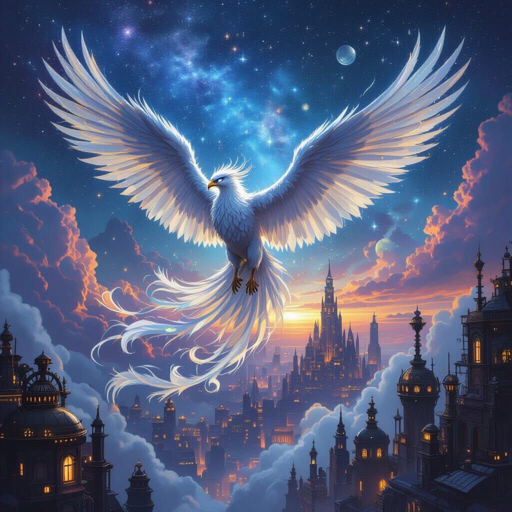 Steampunk Griffin Soaring Through Nebula Sky