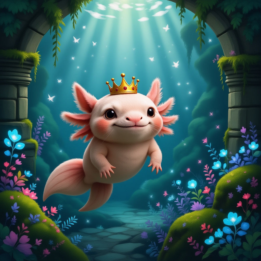 Whimsical Axolotl in Bioluminescent Underwater Garden