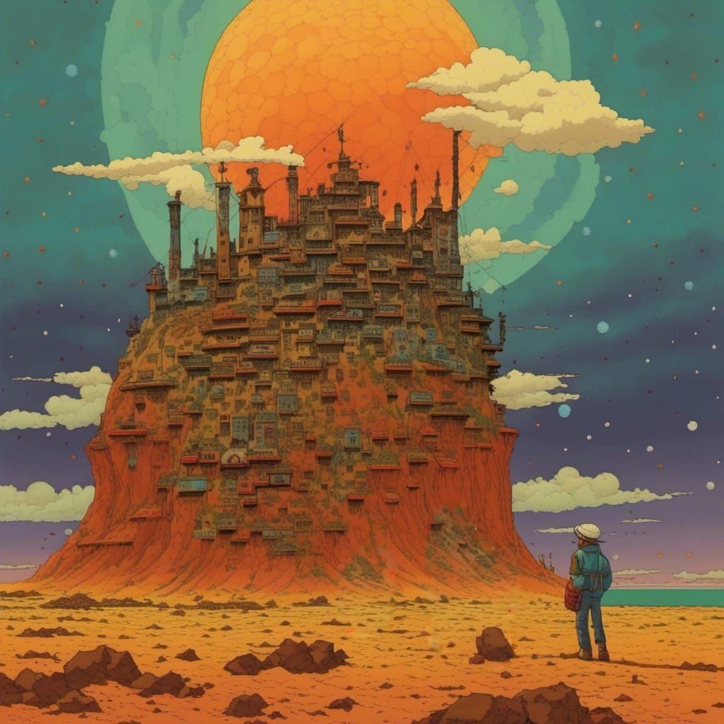 Desert Watchtowers at Twilight in Ligne Claire Style