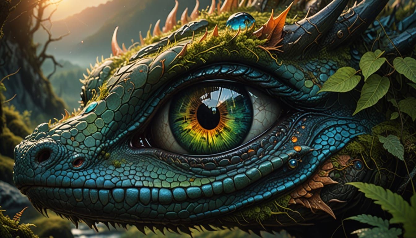 Surreal Fantasy Eye Dragon in Sunset Hues with Mossy Green D...