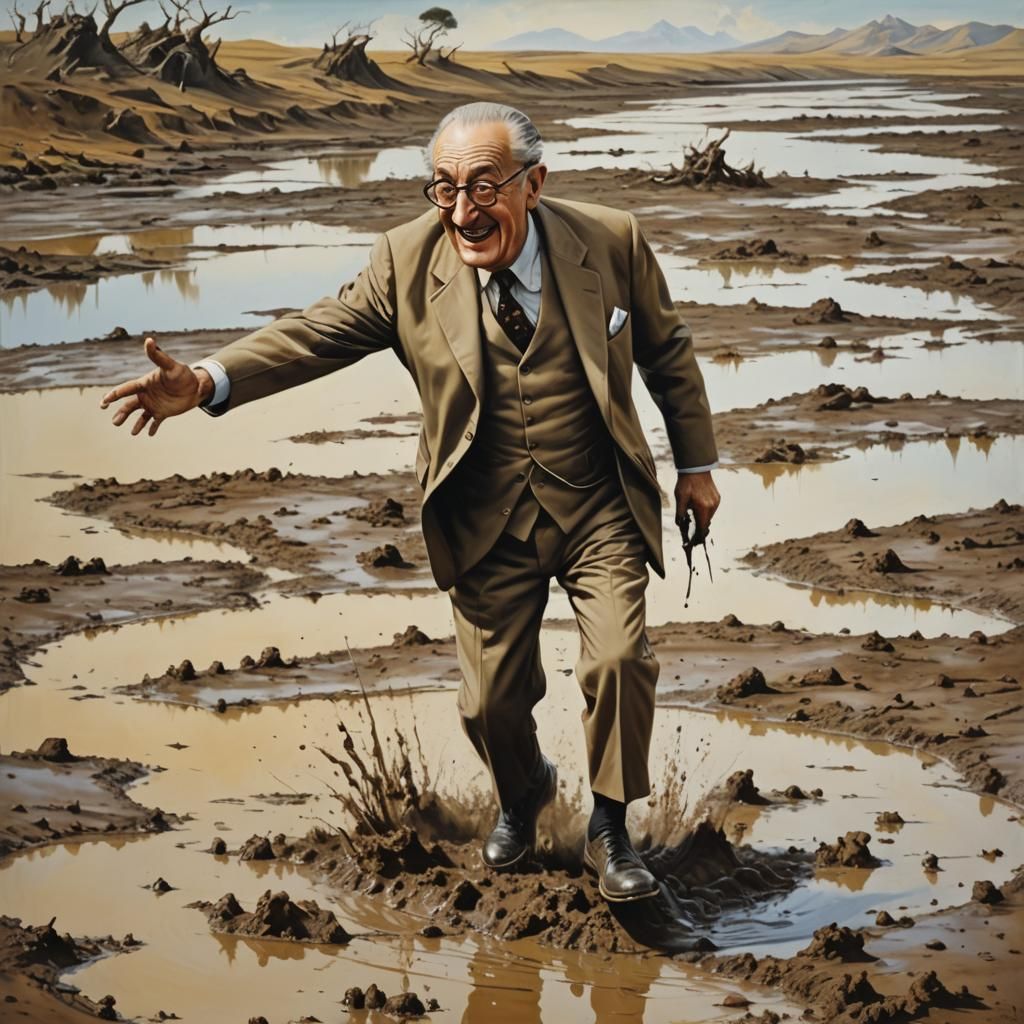 Surrealist Old Man Hopping Through Mud, Dali Style