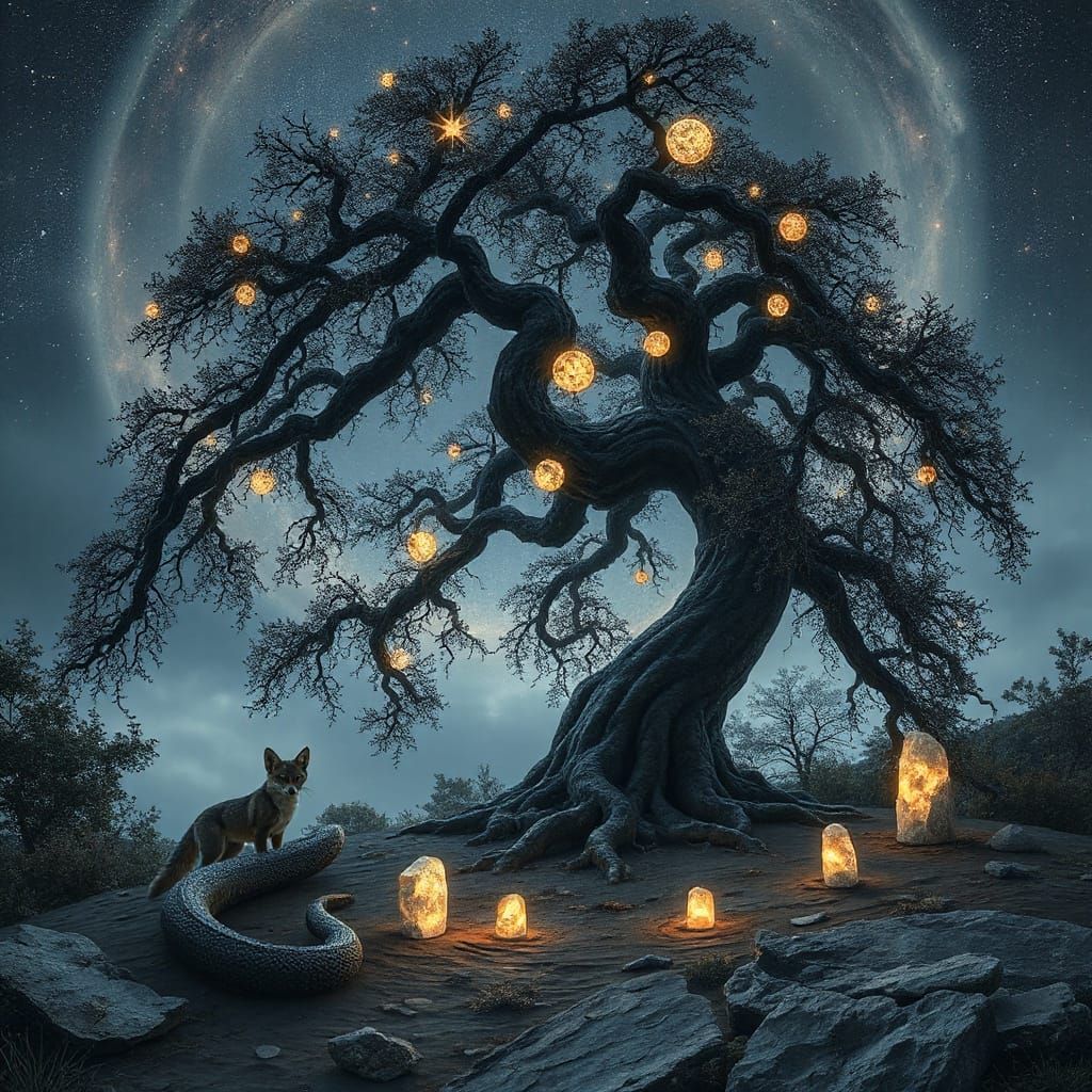 Celestial Willow Tree in a Twilight Realm, Surreal Fantasy