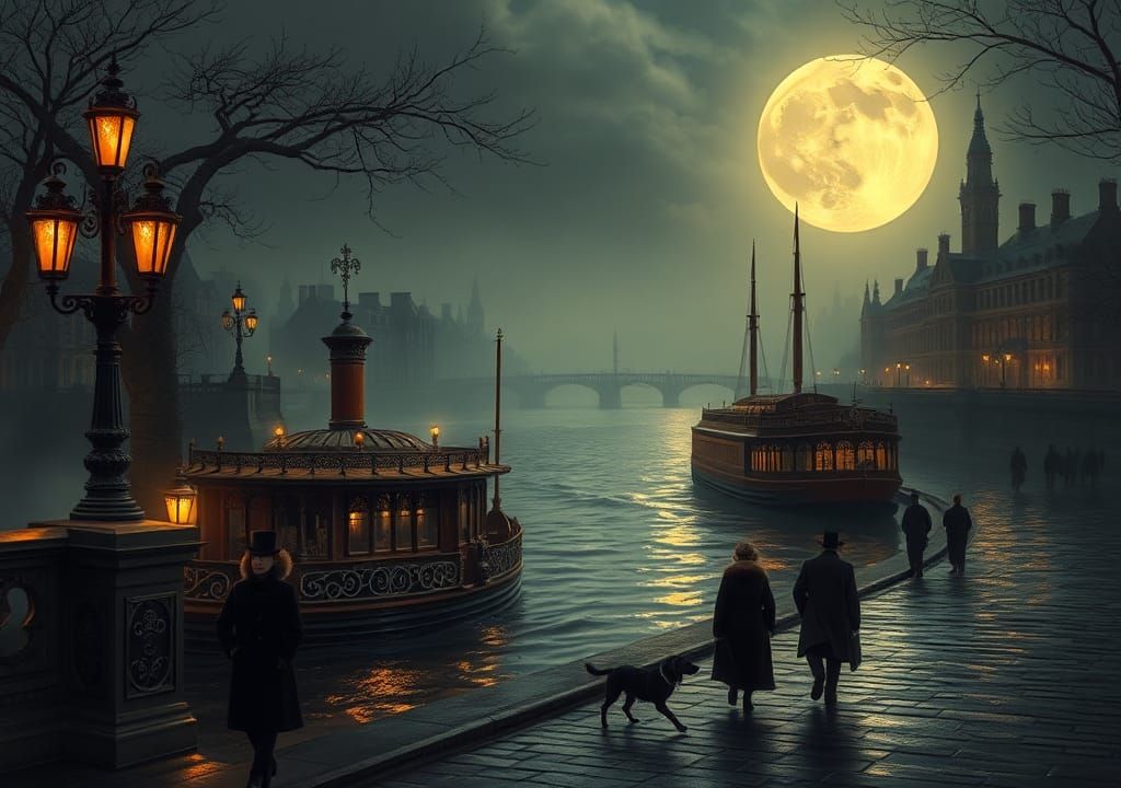 Victorian London Night: Moonlit Thames Scene