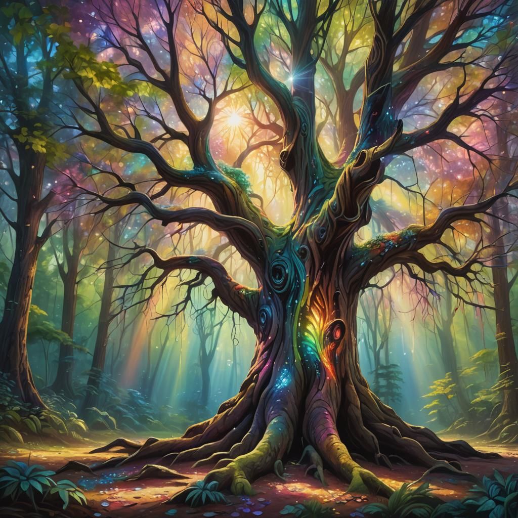 Rainbow Tree in Mystical Forest: Fantasy Oil Painting