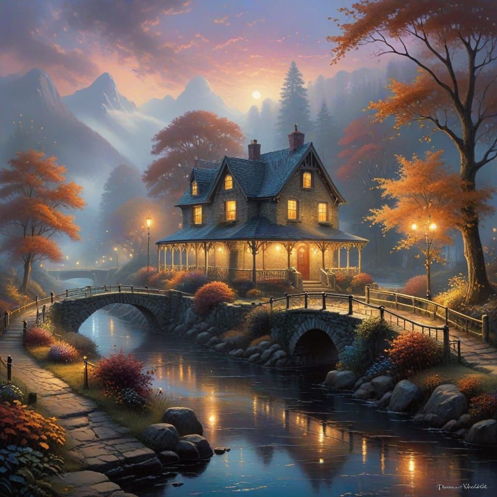 Autumn Nightscape with Enchanted Bridge