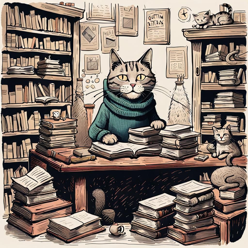 Fantastical Cat Sits on Quaint Bookstore Desk