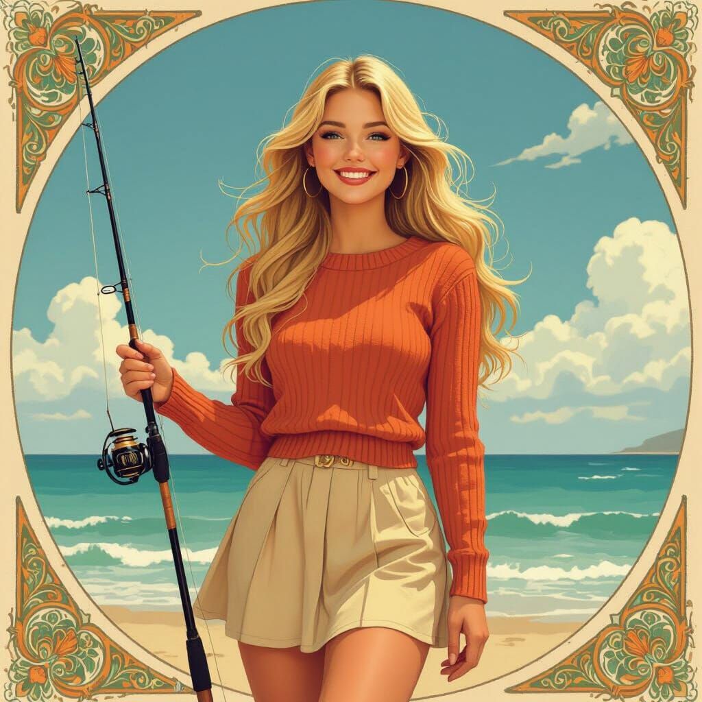 Seashore Beauty with Fishing Rod in Art Nouveau Style