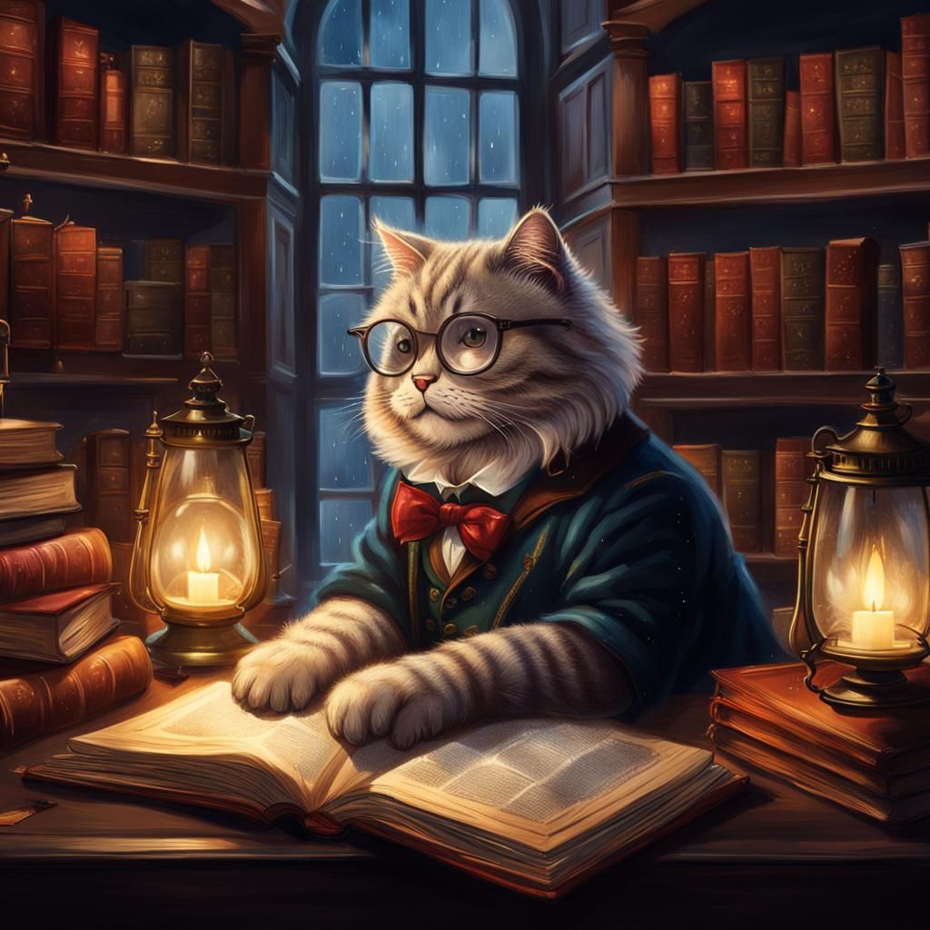 Fluffy Cat Reads in Victorian Library