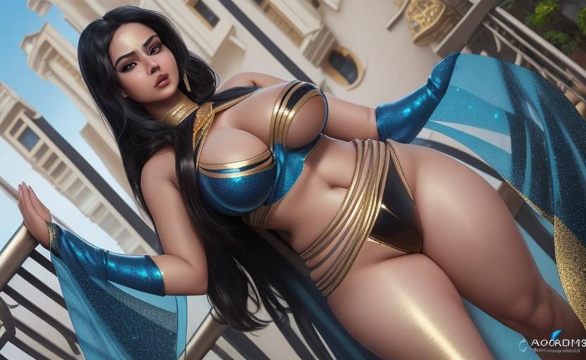 Curvy Woman in Glittering Saree on Balcony