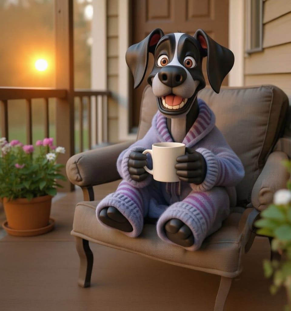 Pixar Style Great Dane Enjoys Coffee on Porch at Sunrise