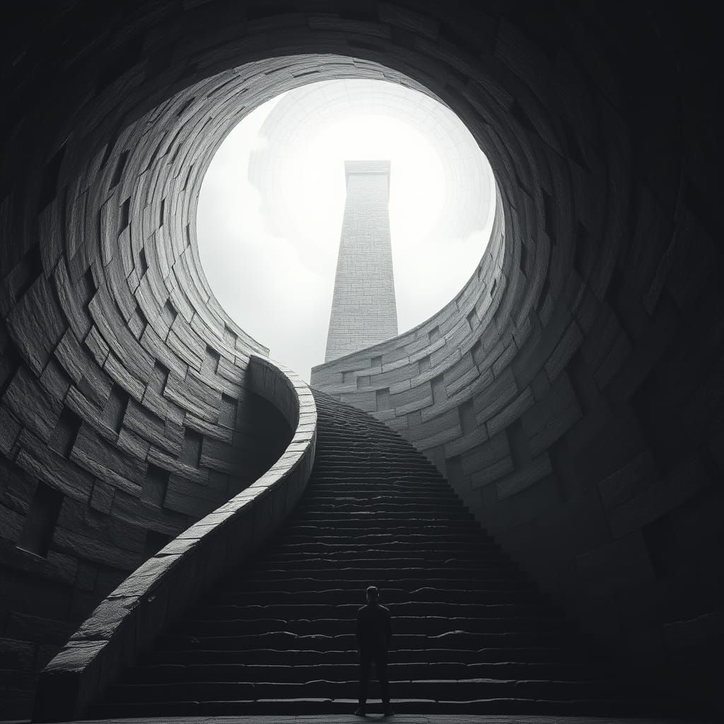 Figure Contemplates Endless Staircase in a Haunting Black an...