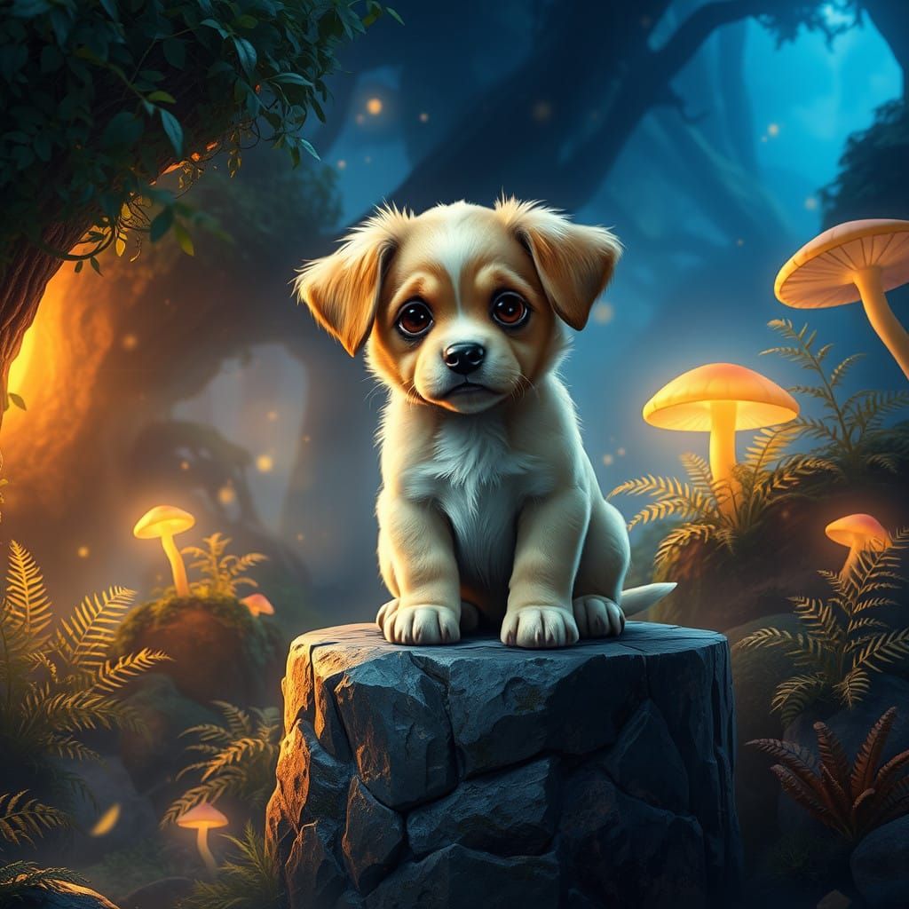 Mystical Puppy Seeks Sympathy Amidst Lush Forest