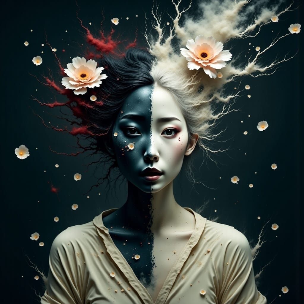 Geisha Portrait: Split Face X-Ray Art