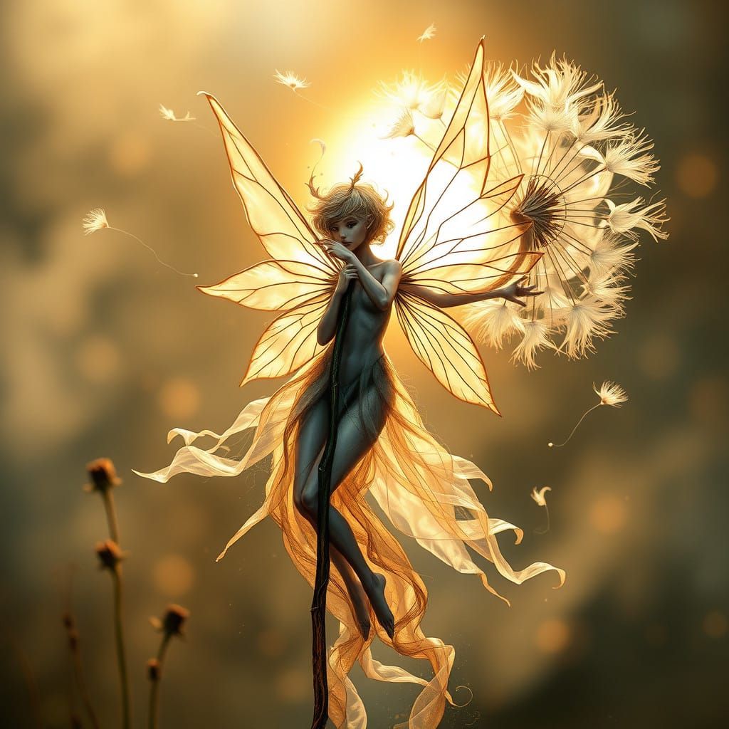 Dreamy Fairy in Dandelion Bloom, in Soft Watercolor Style