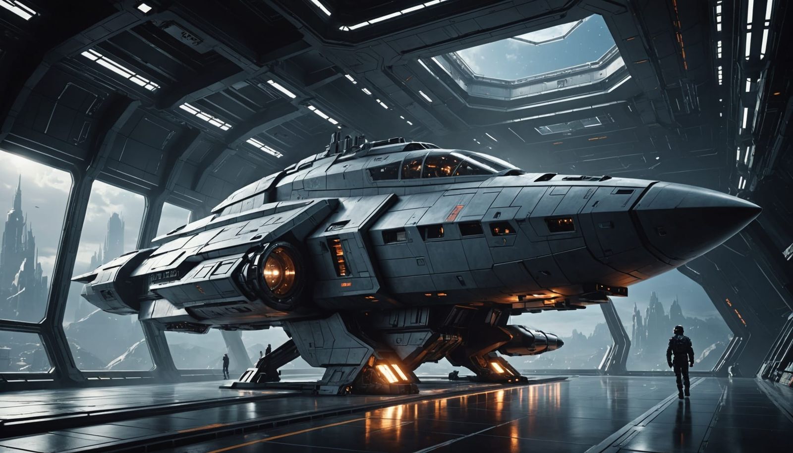 Luxurious Futuristic Spaceship Frigate Lands in Serene Space...