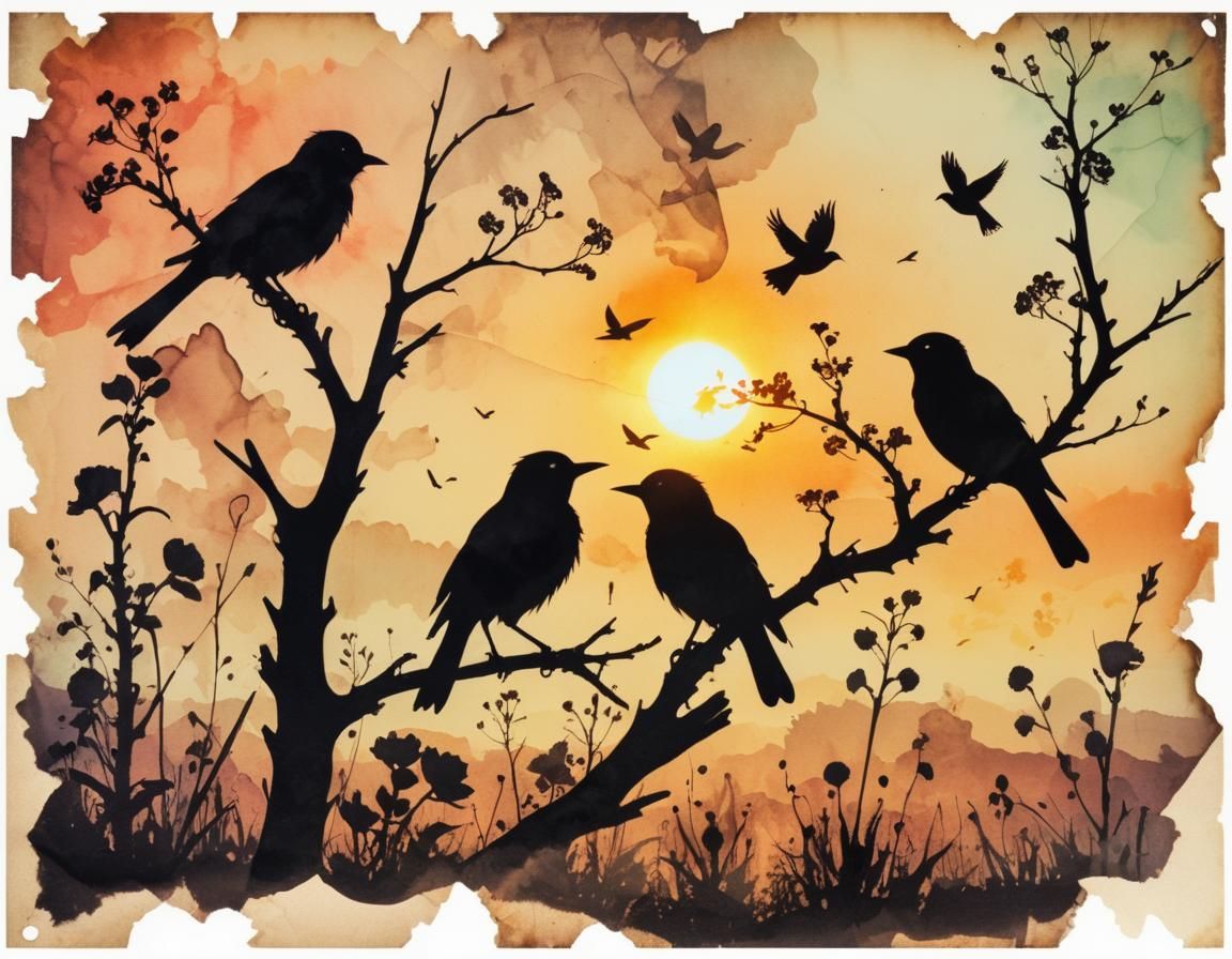 Steampunk Sunset with Bird Silhouettes in Ink