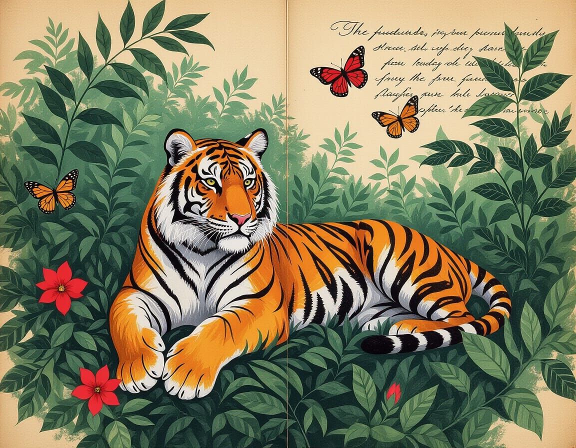 Bengal Tiger Charcoal Drawing on Vintage Journal Page