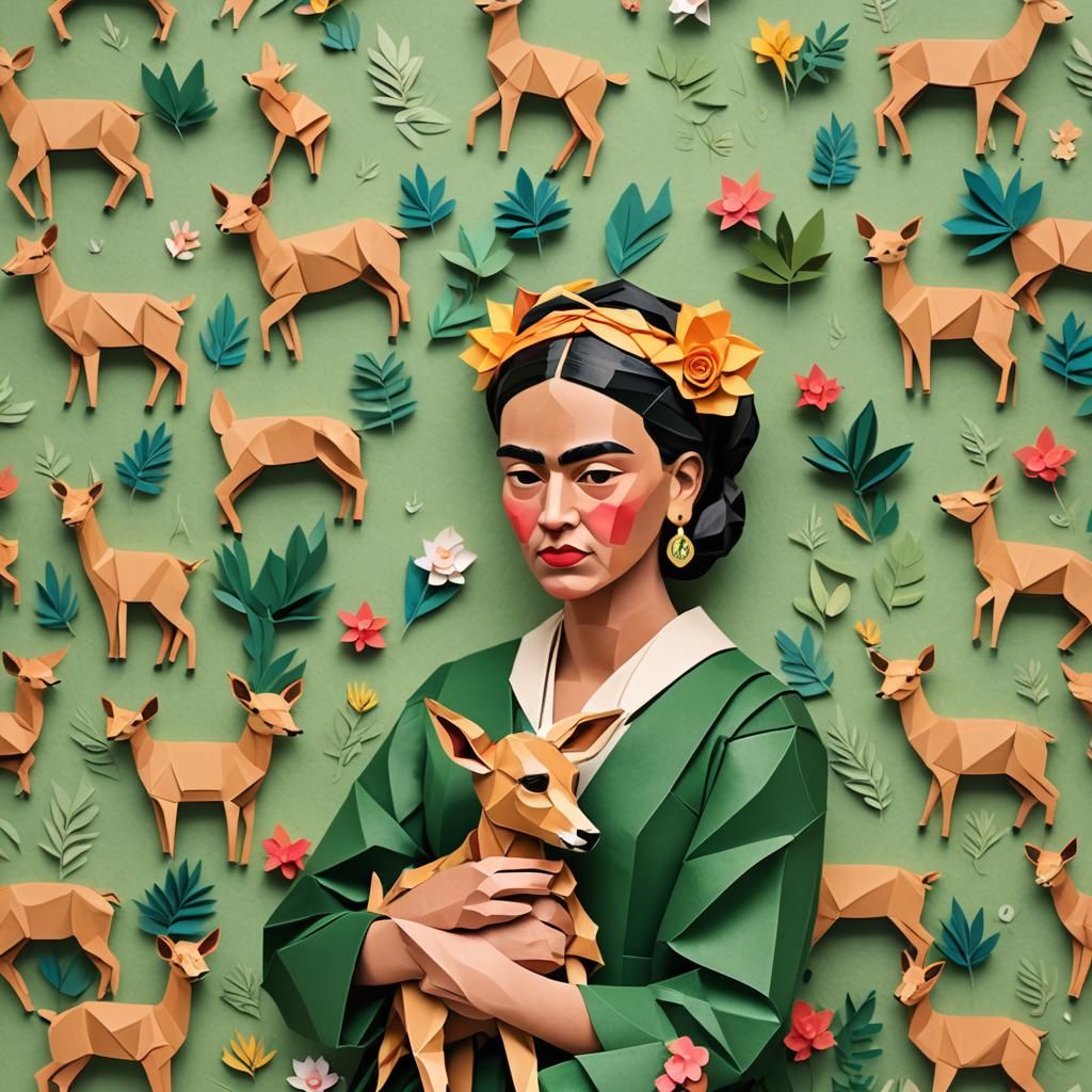 Frida Kahlo Snuggles Fawn in Origami Papercraft