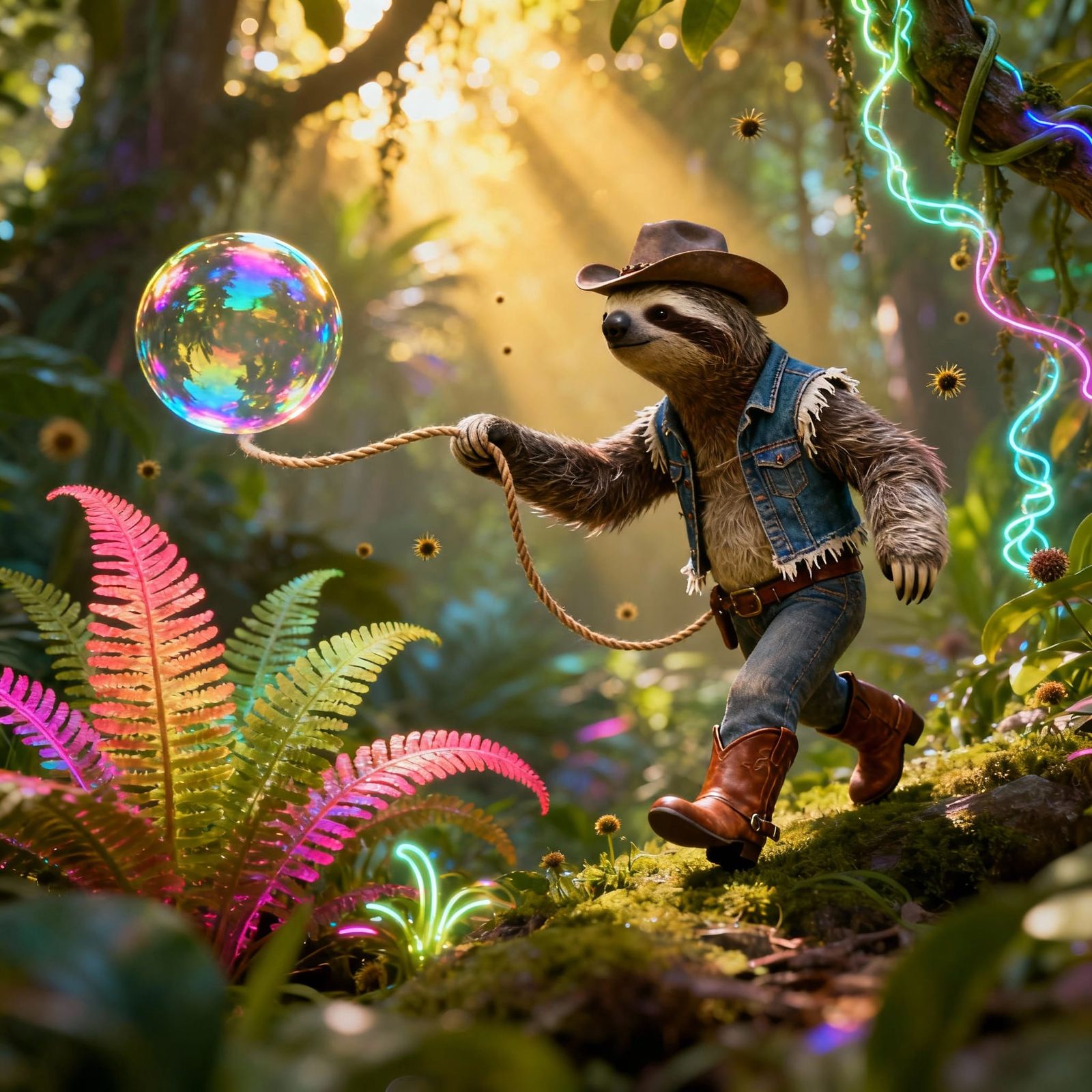 Surreal Sloth Cowboy Lassoing Bubble in Vibrant Jungle
